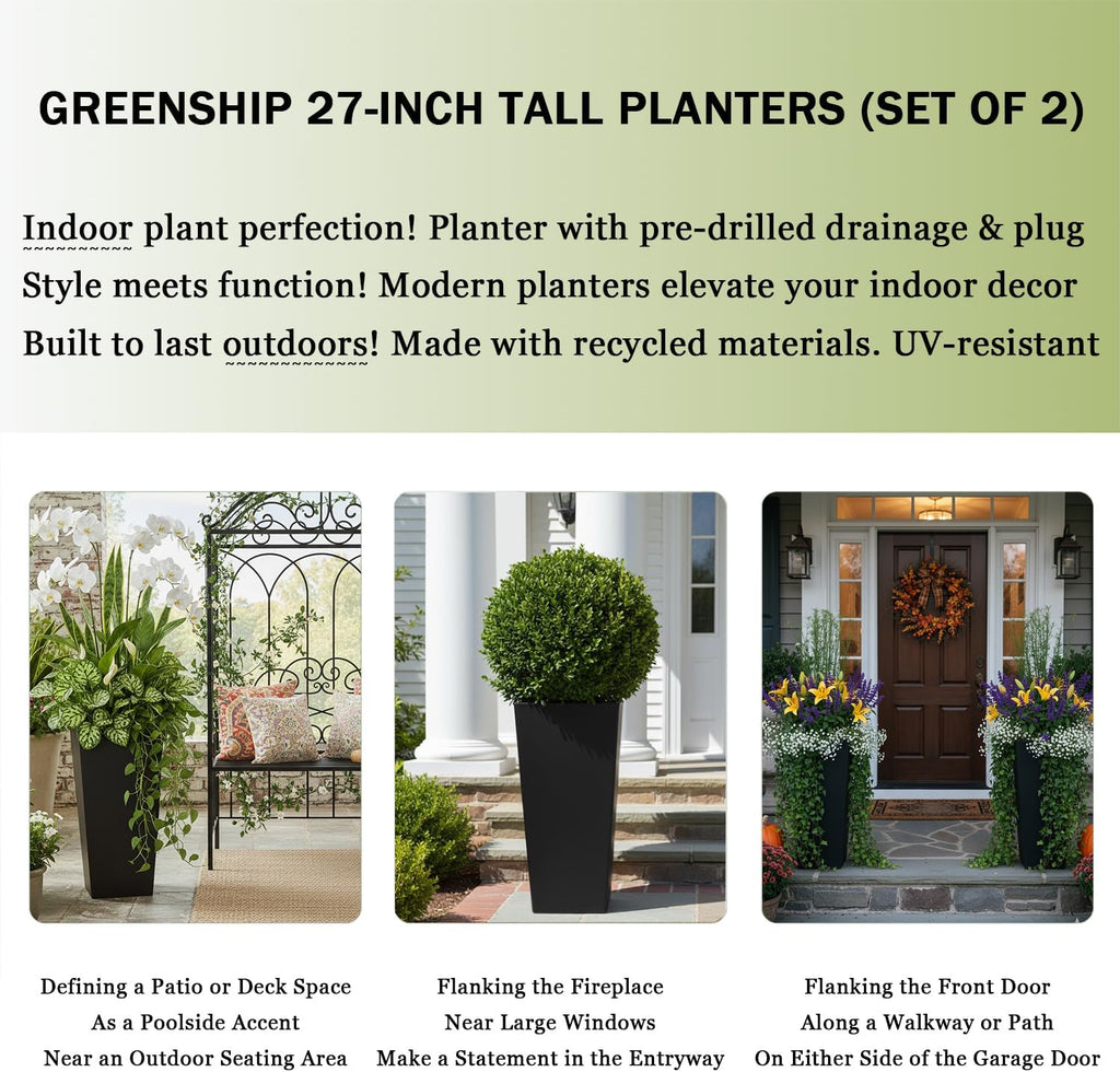 27" Tall Planters for Outdoor Indoor, Set of 2 with Drainage | Black Planter,Large Flower Pots, Drainage & Inner