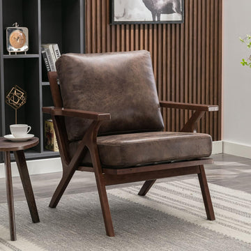 Accent Chairs,PU Leather Mid Century Modern Wood Reading Armchair with Removable Upholstered Cushions - Set of 2
