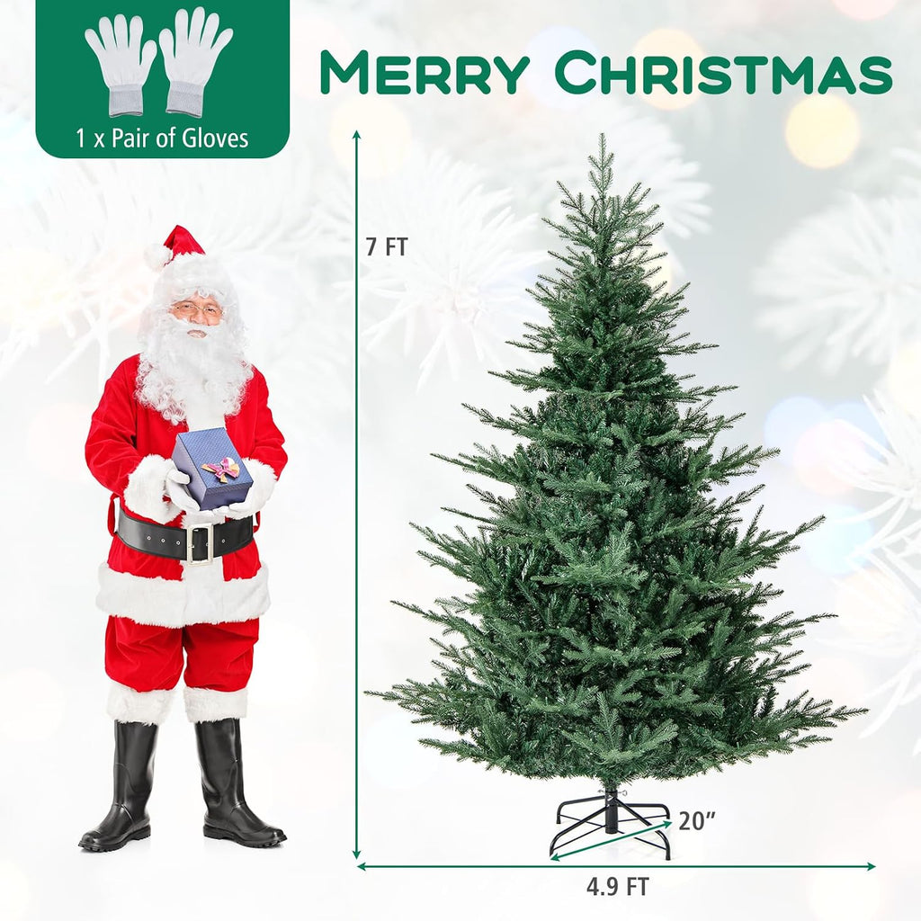 7 FT Pre-Lit Hinged Christmas Tree, Artificial Xmas Tree with 1102 Branch Tips, 350 Warm White LED Lights, 8 Lighting