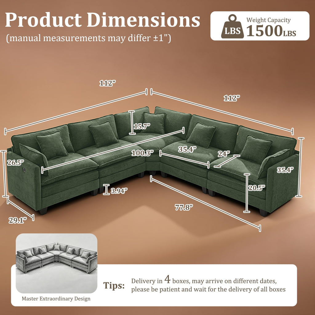 112" Oversized Modular Sectional Sofa with USB Charging Port, Water-Repellent Stain-Resistant Fabric, Deep Seat