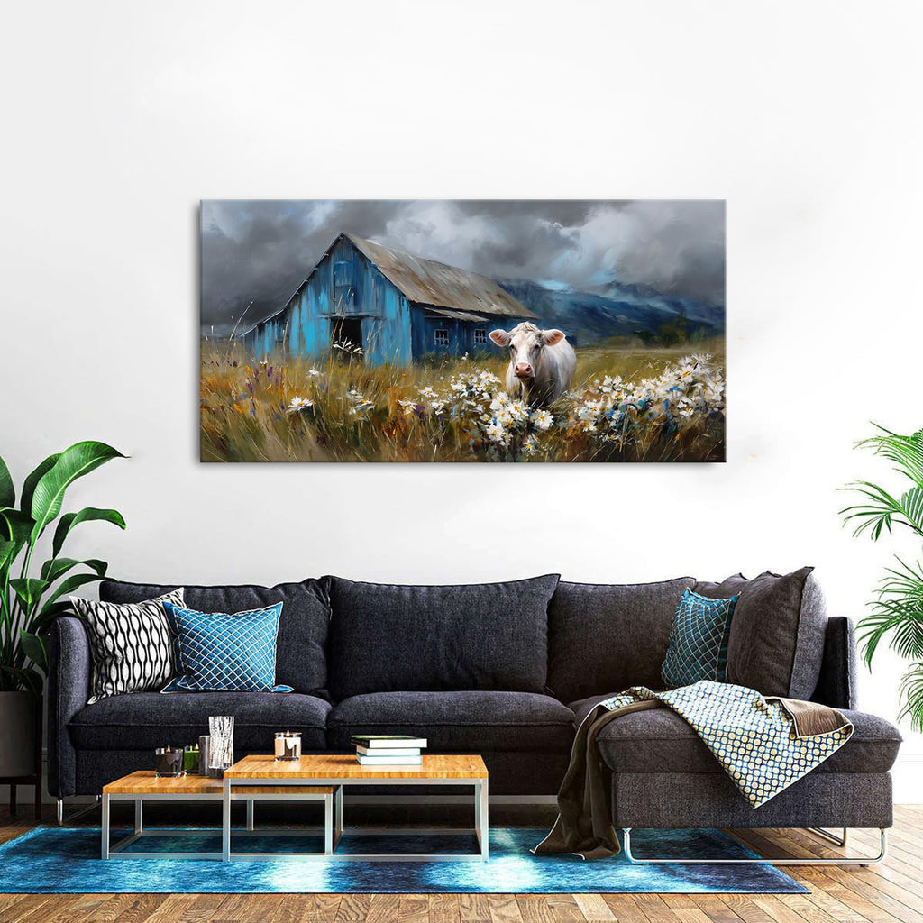 Rustic Farmhouse Wall Art Cow and Blue Barn Canvas Pictures Country Landscape Wall Decor Wildflower Field Painting