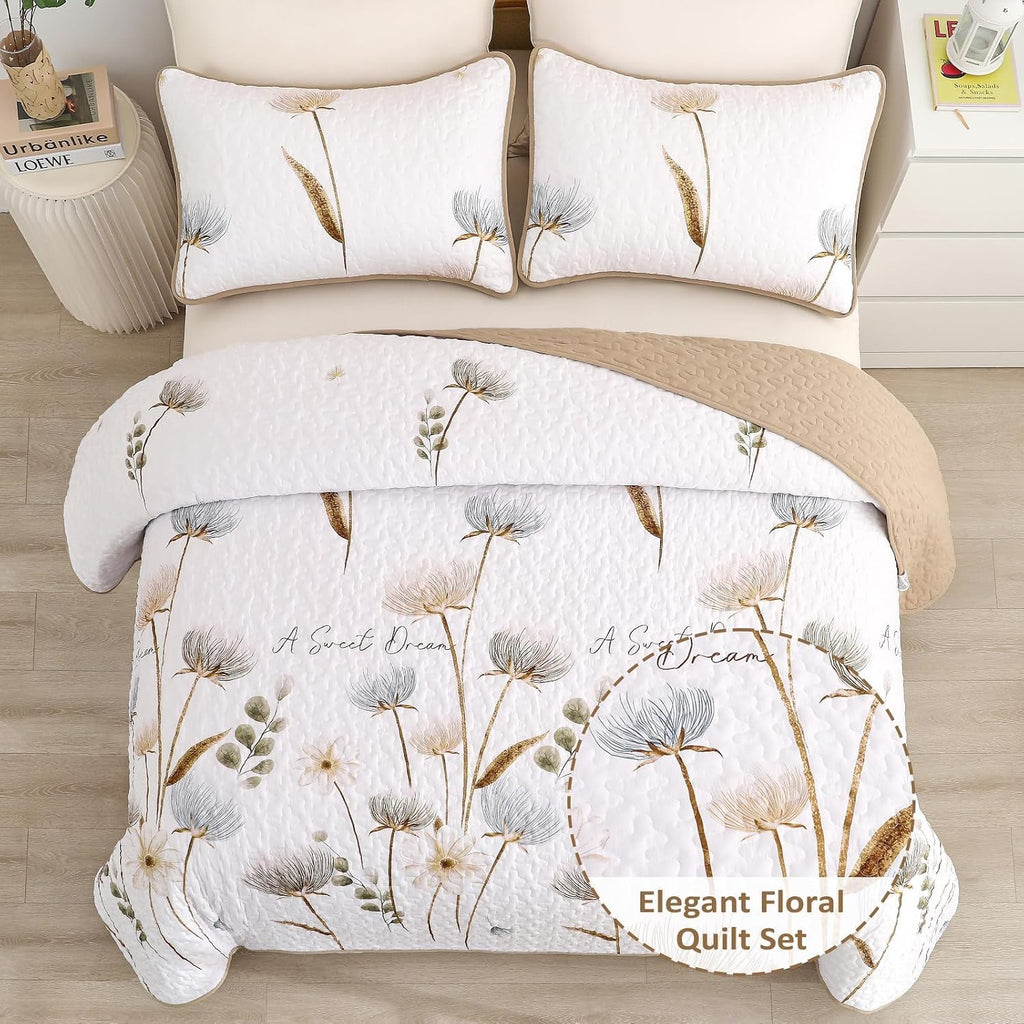King Quilt Set Floral,3 Pieces Khaki/Beige Farmhouse Quilts Lightweight Fall Bedspreads Flower Pattern Coverlet Bed