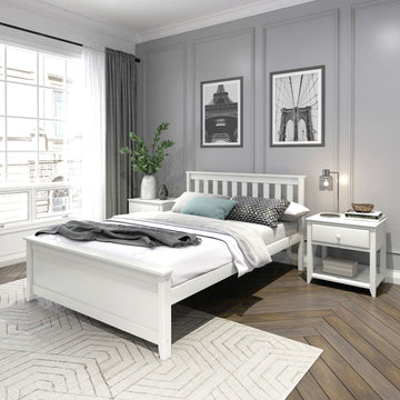 Solid Wood Bed Frame, Platform Bed with Headboard, White