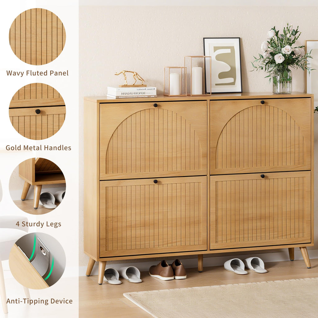 Shoe Storage Cabinet with 4 Fluted Flip Drawers, Oak