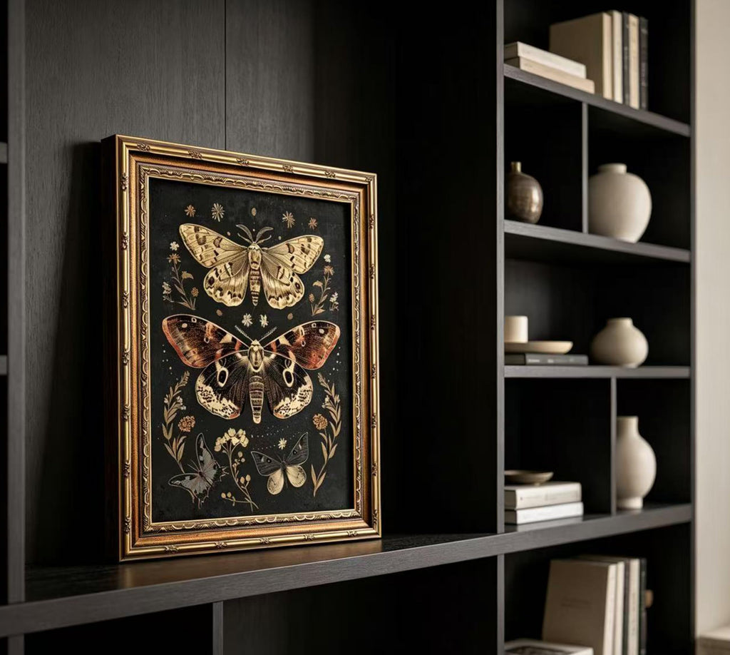 Vintage Gold Framed Wall Art, Retro Moth Framed Wall Art, Dark Botanical Butterfly Canvas Print, Gothic Floral Wall