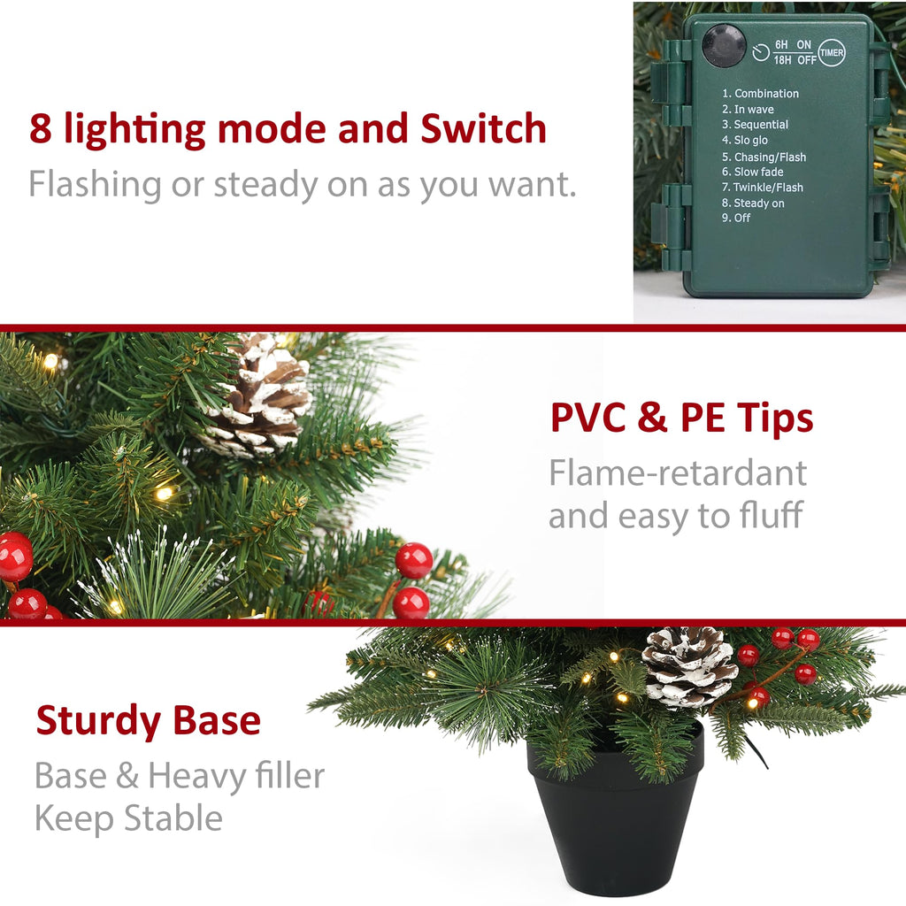 2Ft Pre-Lit Artificial Christmas Tree Tabletop with Battery Operated 50 Warm LED Red Berries Pine Cone Pine Needle