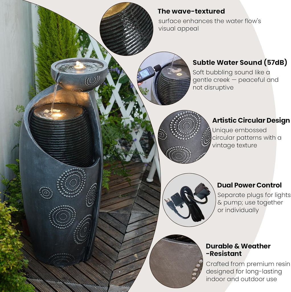 Outdoor Water Fountain Feature Indoor Garden Large Jar Floor Standing Fountains Waterfall with LED Light & Pump for