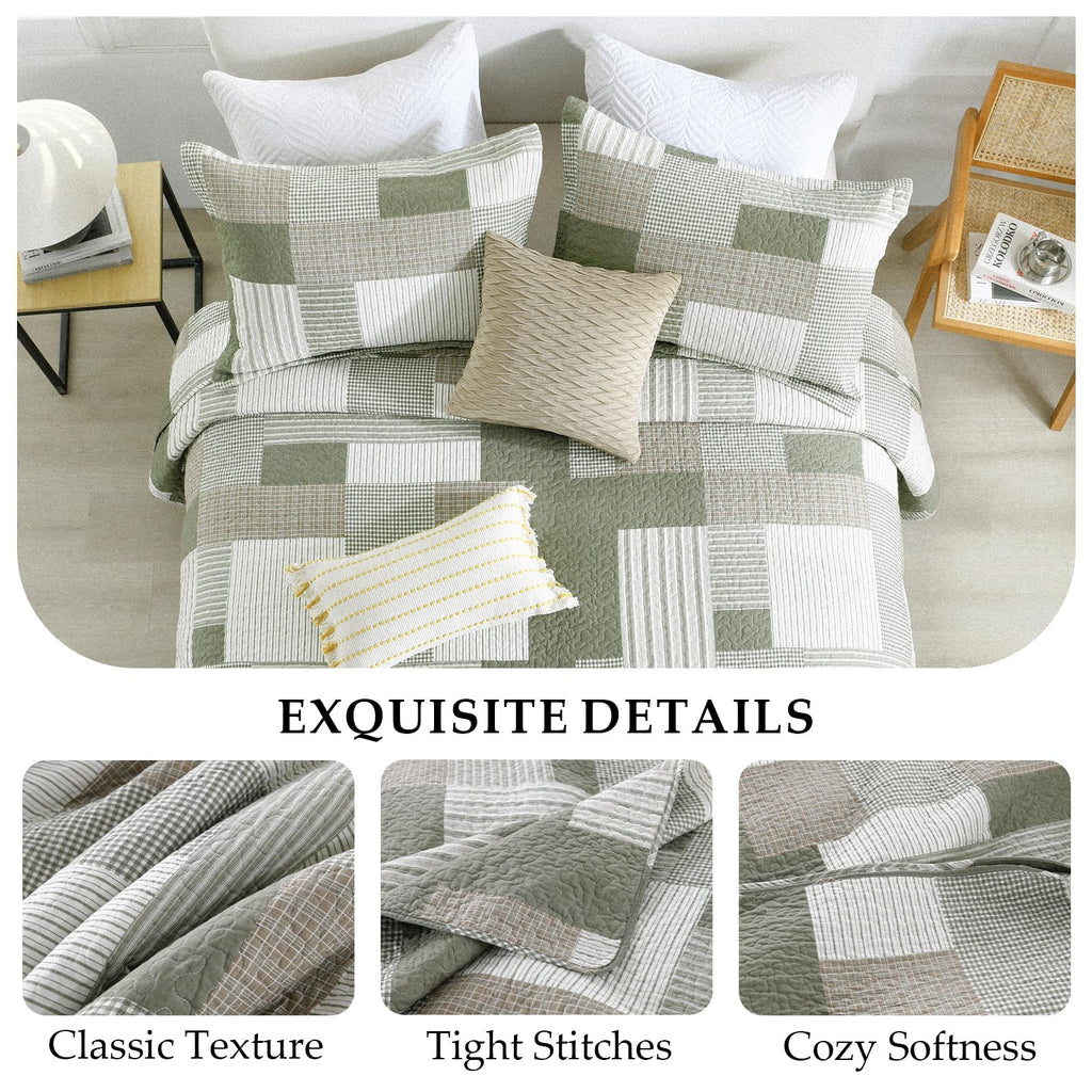 Quilt Set, 100% Cotton Comforter Set, Farmhouse Patchwork Quilt Bedding Set, Plaid Lightweight