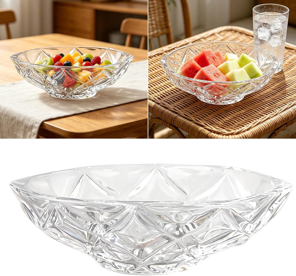 Crystal Bowl, Salad Bowl, Oval Serving Bowls Clear Crystal Glass Decorative, Fruit Plate with Cut Pattern, Table