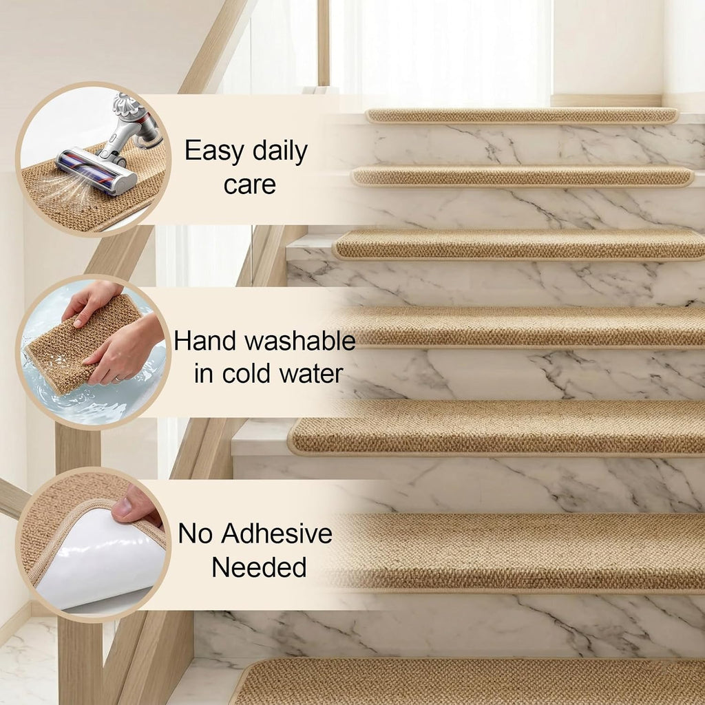 Bullnose Carpet Stair Treads, 29.5"x9.5"x1.5", 14pcs, Camel | Wood stair compatible, washable & reusable