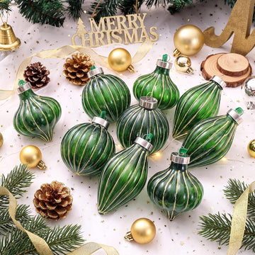 Vintage Neutral Christmas Ball Ornaments, Dark Green - Set of 9