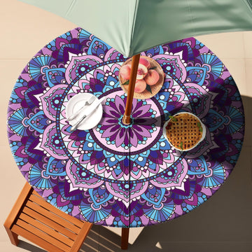 Round Fitted Outdoor Tableclothes with Umbrella Hole and Zippered Non Slip Coffee Table Cover Garden Bbq Gadgets