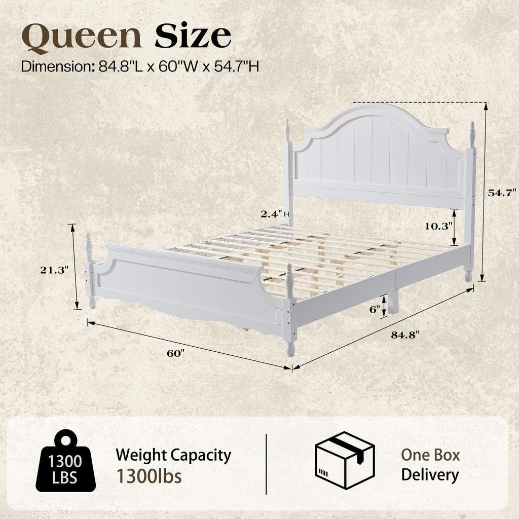 Solid Wood Poster Bed, 55" Arched Headboard, White