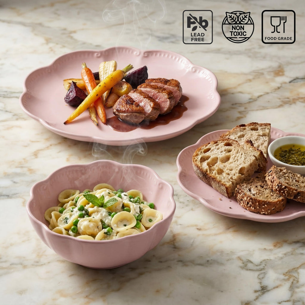 12 Pieces Scalloped Dinnerware Set, Modern Pink Dishes for 4, Premium Serving Plates & Bowls Sets, Chip Resistant