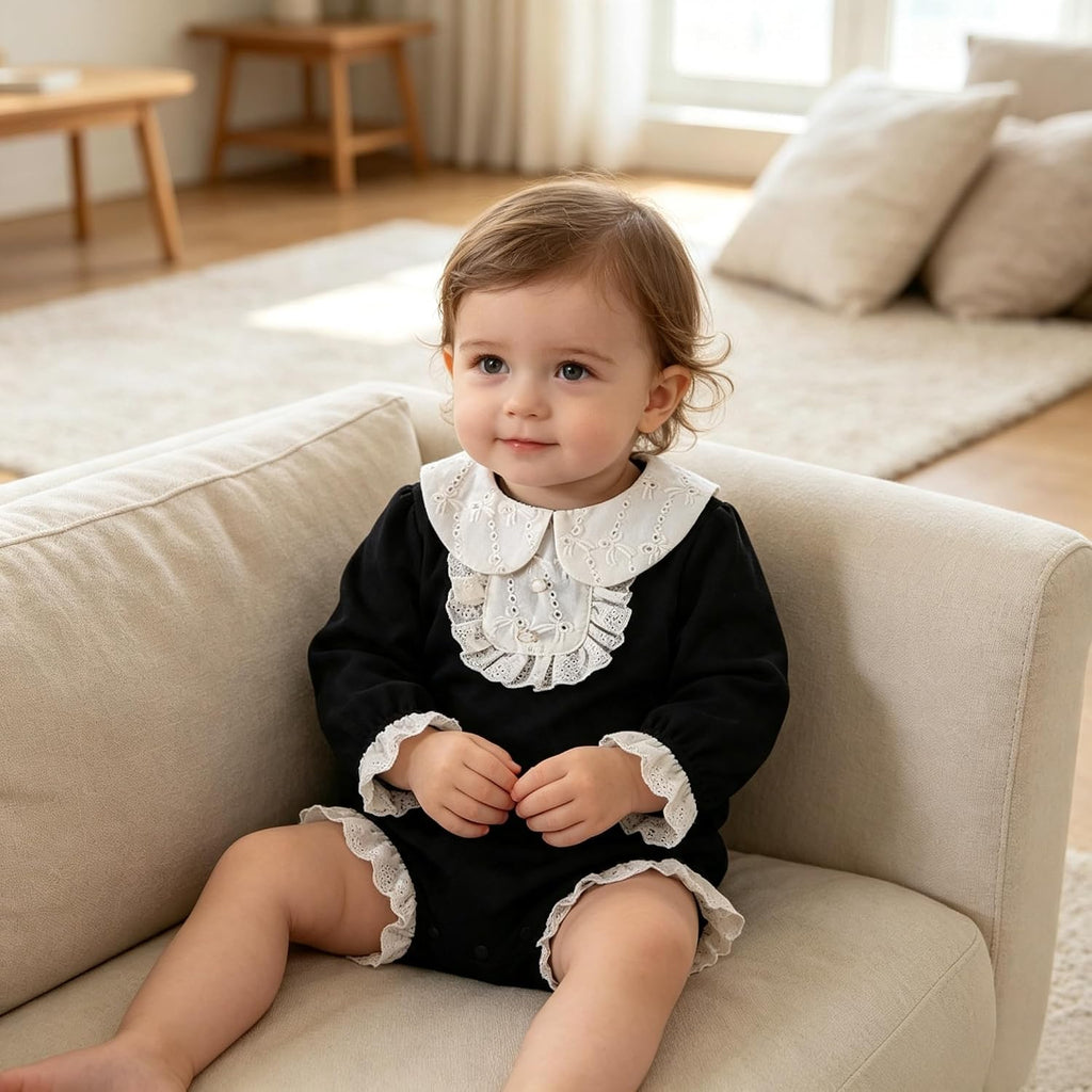 Vintage Newborn Girls Black Lace Trim Peter Pan Collar Bubble Romper