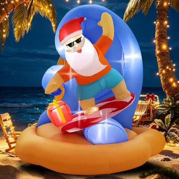 Christmas Inflatables Outdoor Santa Claus Surfing, 6FT Inflatable Santa Bulit in Led Lights, Blow up Xmas Yard