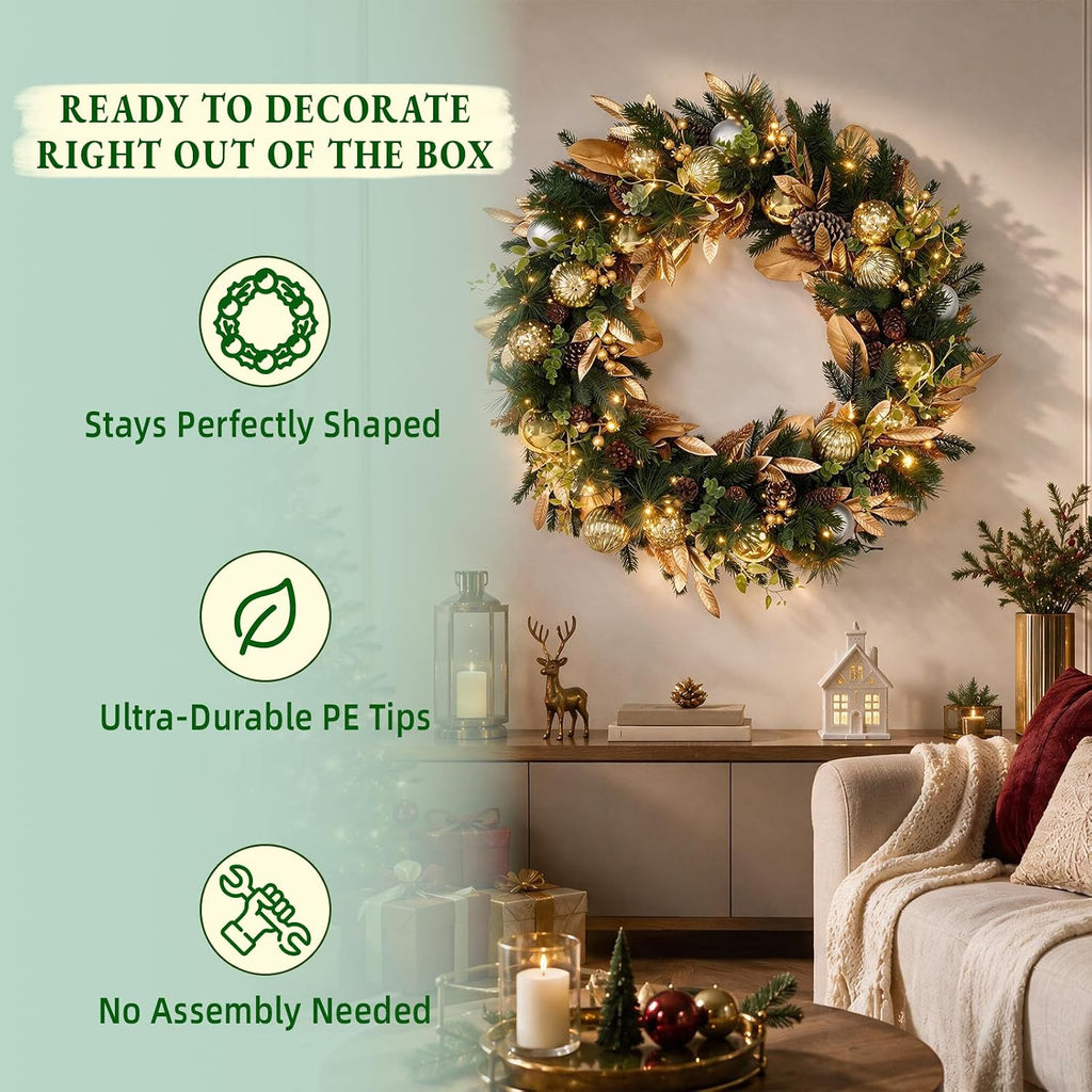32 Inch Pre-Lit Botanical Christmas Wreath with 60 Warm White LEDs and Timer, Battery Operated Artificial PE & PVC