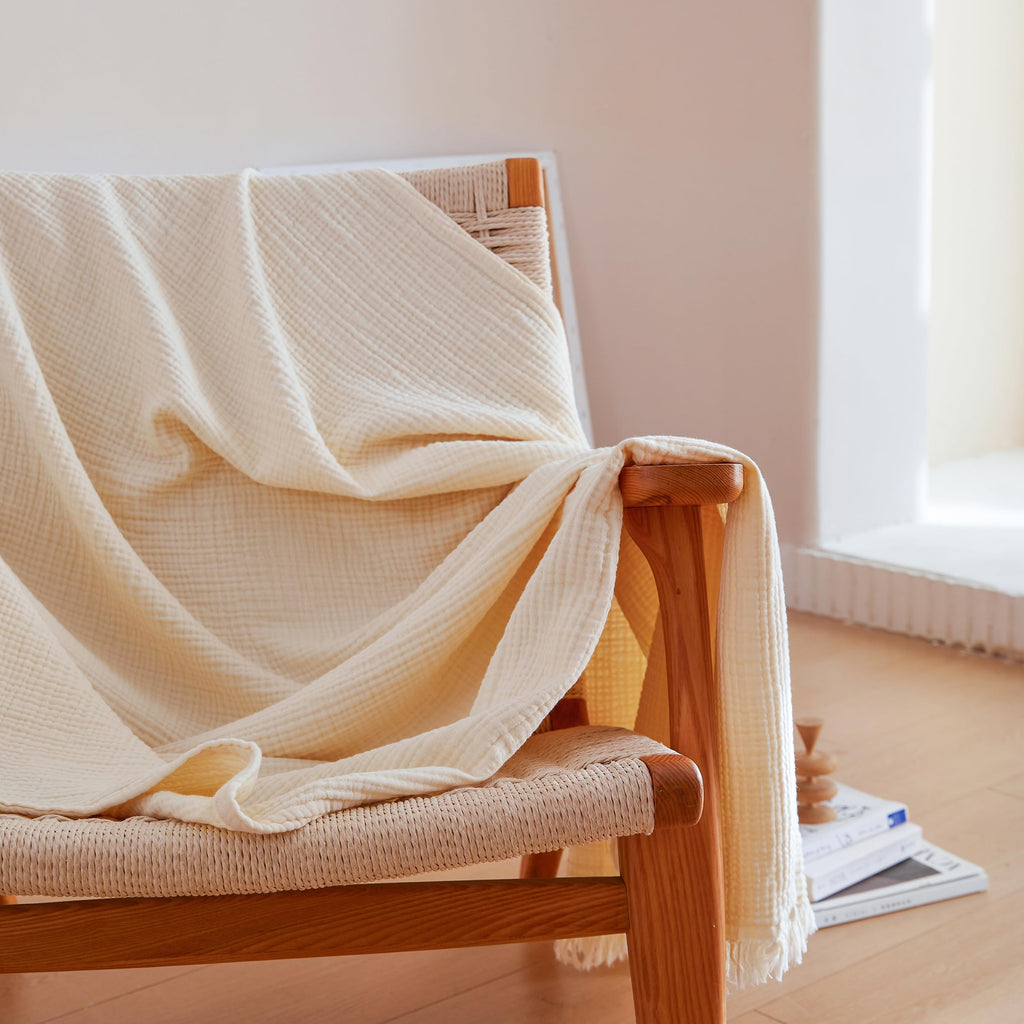 Cotton Muslin Throw Blanket 4 Layers for Bed, Couch, Woven Gauze Blanket with Tassels, Soft Lightweight Cozy