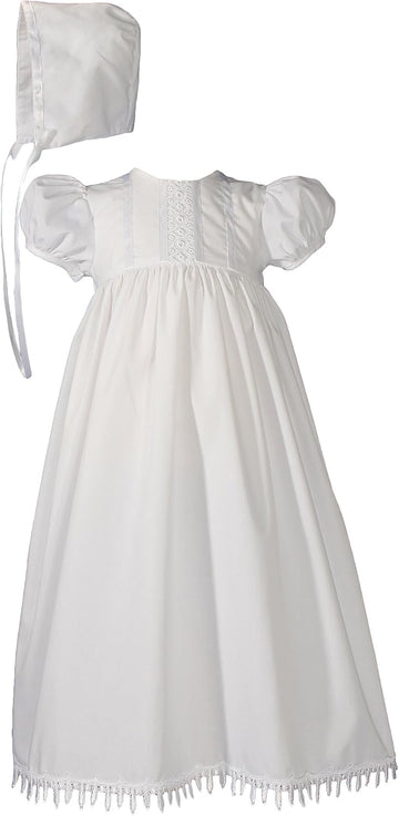 Girls 24" Poly Cotton Teardrop Lace Christening Baptism Gown with Bonnet