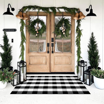 Buffalo Plaid Outdoor Rug 3' x 5' Black and White Front Door Mat, Layering Rug for Porch, Washable Doormat, Cotton