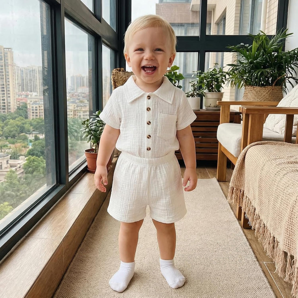 Newborn Infant Summer Outfit Baby Boy 2PCS Clothes Set Button Down Shirt Romper Cotton Gauze Shorts