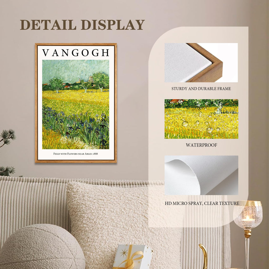 Van Gogh Framed canvas Wall Art, Field with Flowers near Arles Painting Picture Reproduction Room Decor, Famous Art