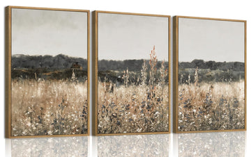 Framed 3 Piece Vintage Wall Art Set Rustic Floral Landscape Canvas Print