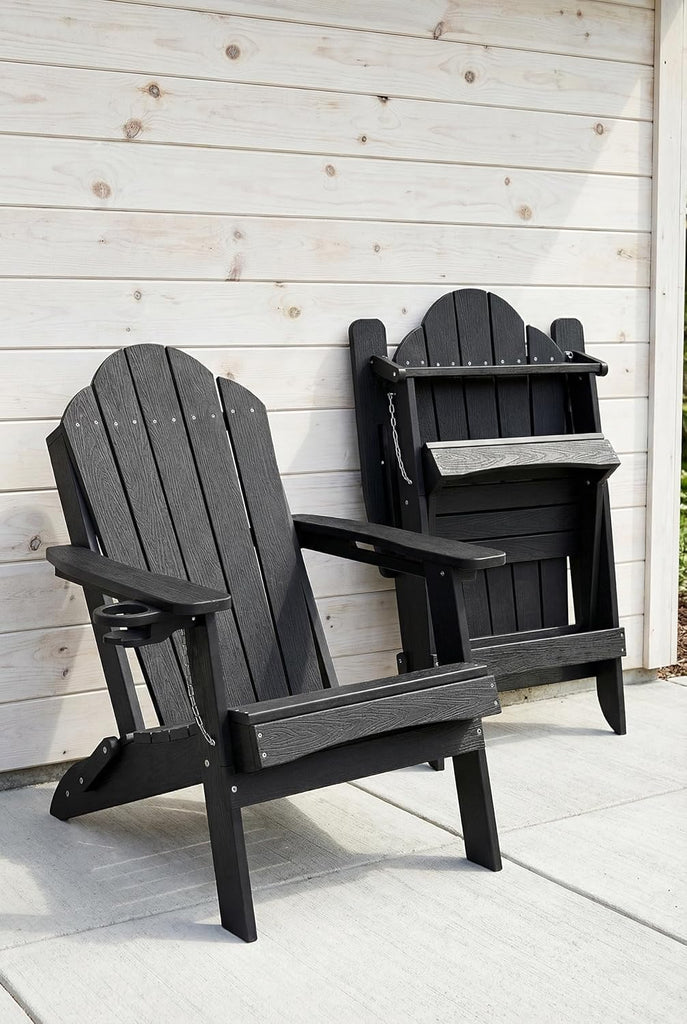 HDPE Folding Adirondack Chair, Cup Holder, Set of 2, Black | HDPE poly lumber, folable, all-weather resistant, Low