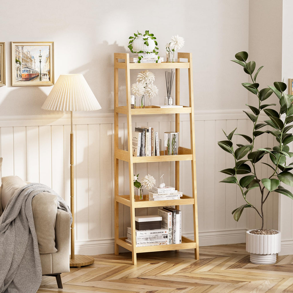 Bookshelf, 5 Tier Ladder Bookcase with Bamboo Frame, Freestanding Tall Narrow Display Plant Shelf, Balcony, Natural