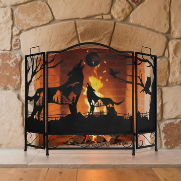 3 Panel Fireplace Screen with Wolves, Wrought Iron, 48" x 32"