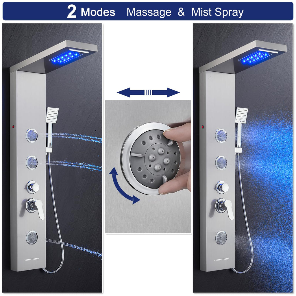 6-in-1 LED Rainfall Waterfall Shower Panel Tower System, Brushed