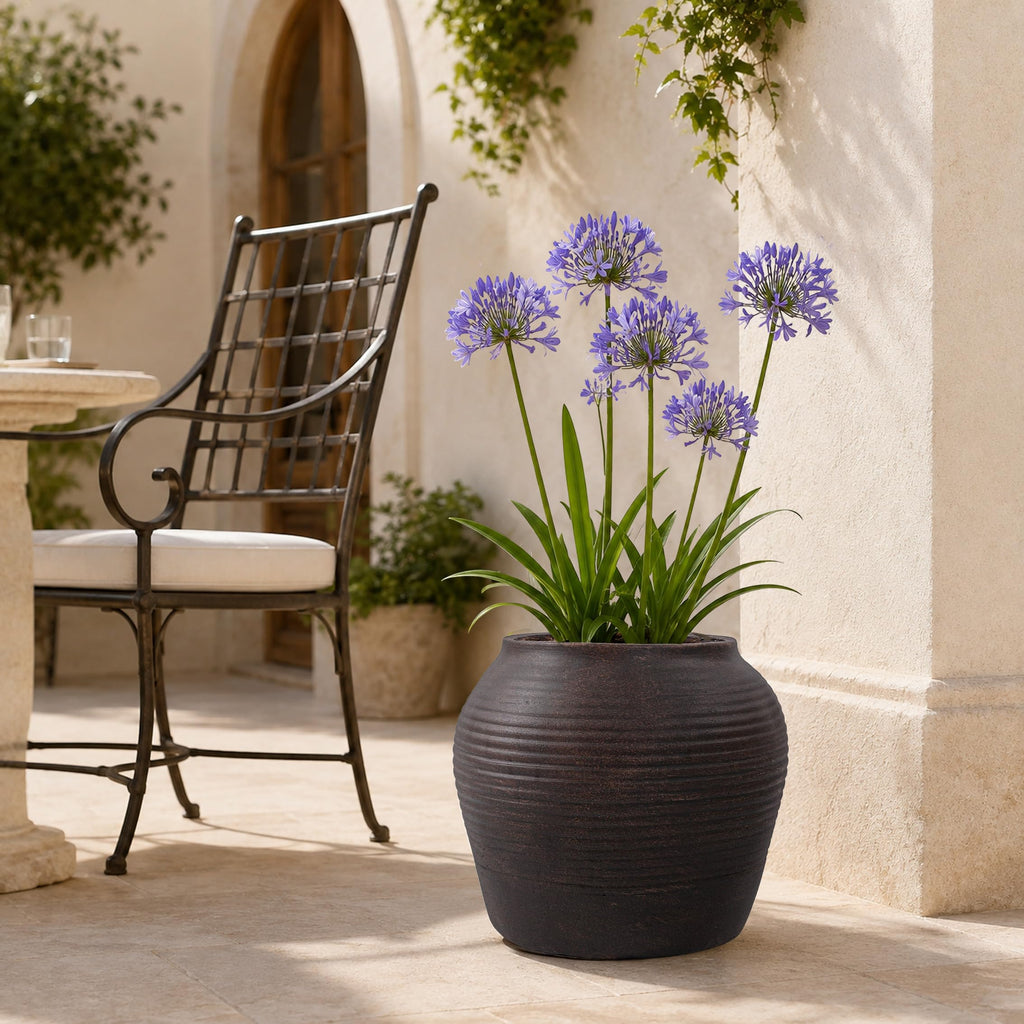 12" H x 14" Dia Vintage Black Fiberstone Planter Pot with Drainage Hole, Decorative Flower Pot plants, Small Trees &