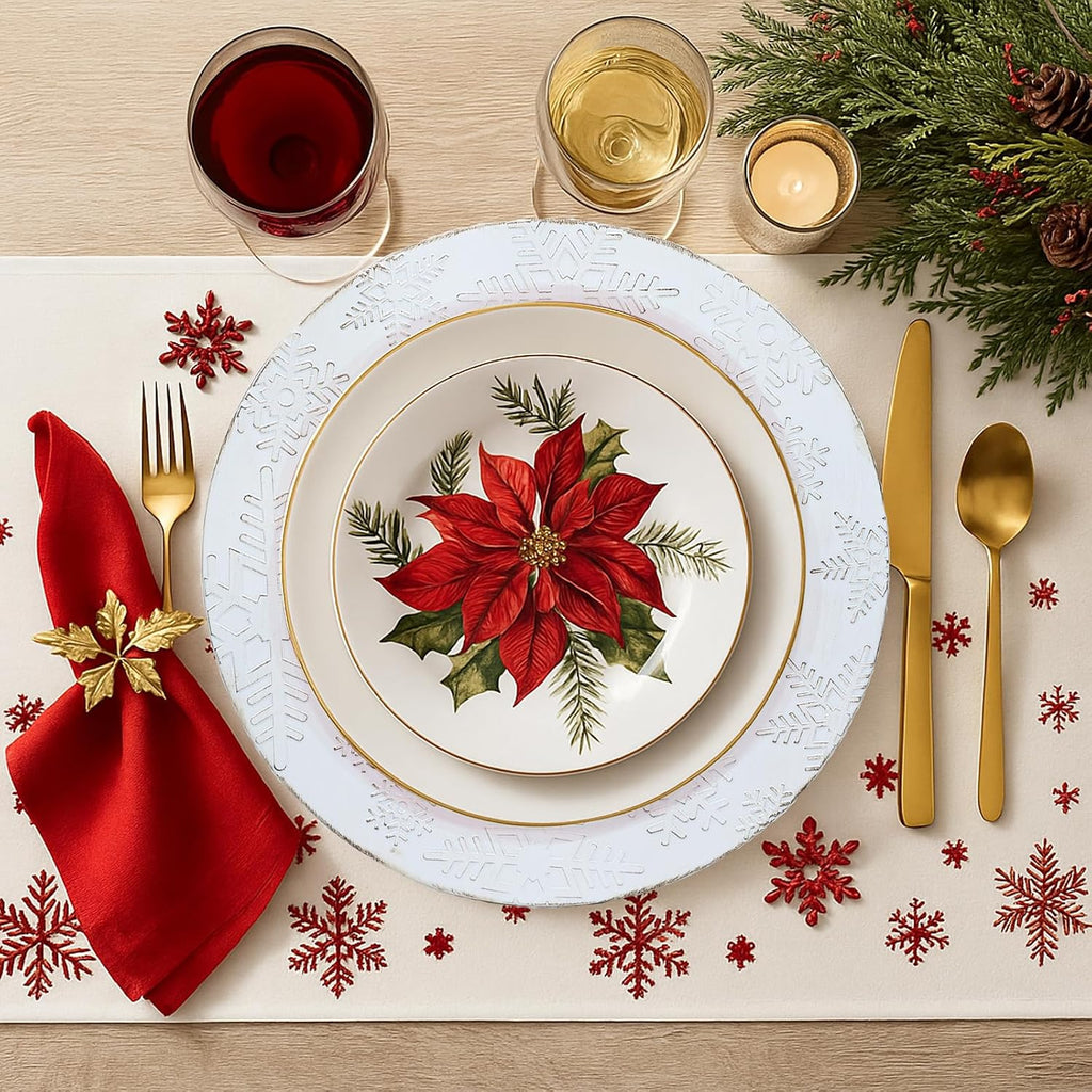 Christmas Snowflakes White Charger Plates, 13 Inch Set of 6 Chargers for Dinner Plates, Parties, Holiday Table