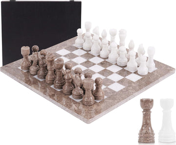 Marble Chess Set 15 Inch Oceanic and White Handmade Board Game with Storage Box, Classic Travel Chess Set for Adults