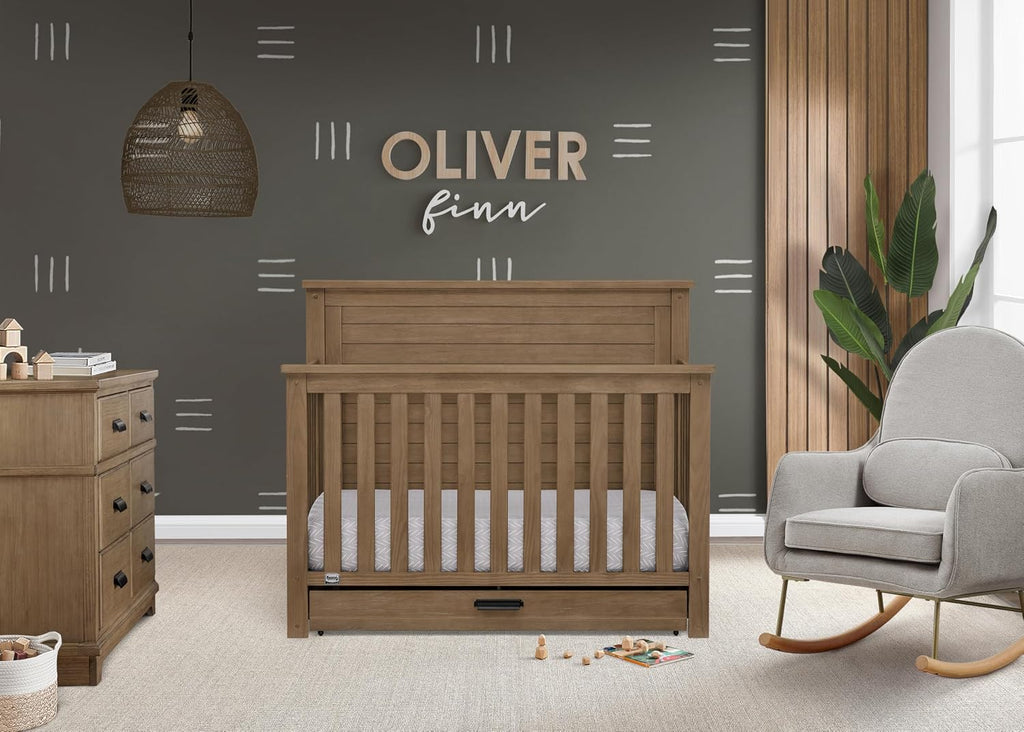 Simmons Kids Caden 6-in-1 Convertible Crib with Trundle Drawer, Greenguard Gold Certified, Aged Oak