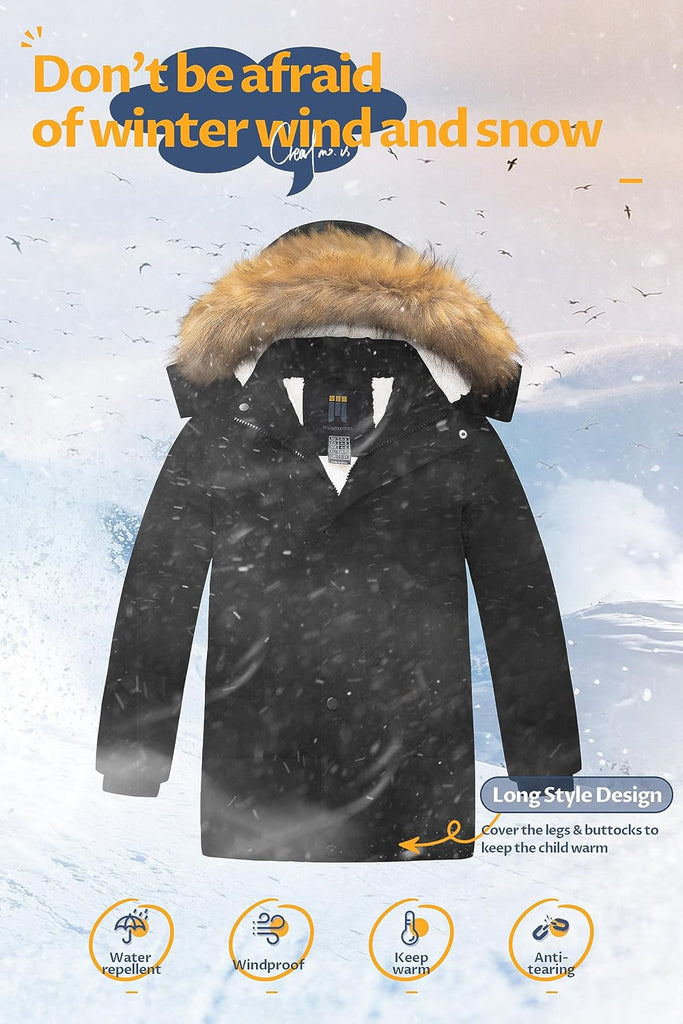 Boy's Sherpa Long Parka Winter Coat Thicken Water Repellent Puffer Jacket With Removable Faux Fur Hood