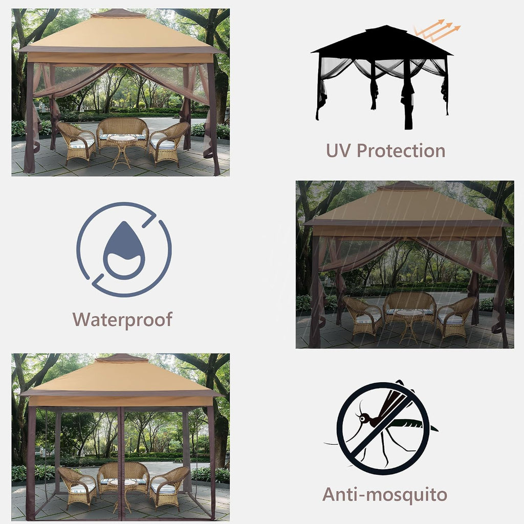 11x11 Pop Up Canopy Tent, Outdoor Canopy with Netting, Outdoor Gazebo Tent with Handbag, Brown.