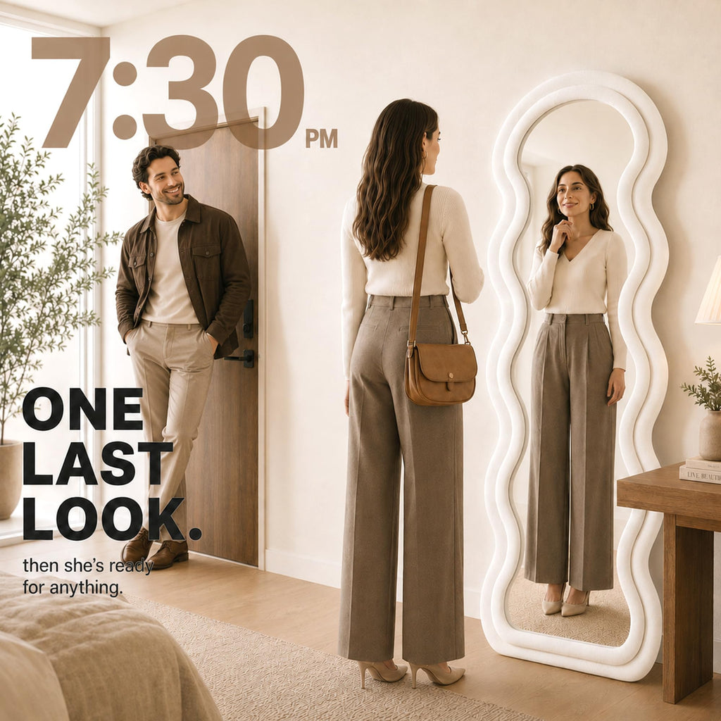 63"x24" Full Length Floor Mirror, Irregular Wavy Wave Arched Design, Wall Mounted or Leaning Standing, Flannel