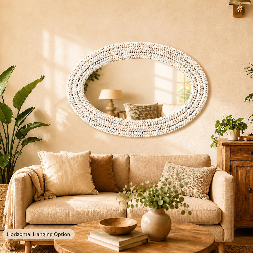 26"x39" Oval Wall Mirror, Handwoven Corn Husk, Whitewashed
