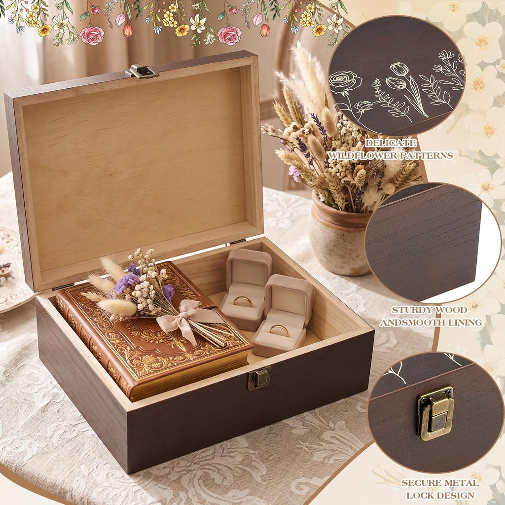 Wildflower Wooden Keepsake Box, 10.6 x 7.7 x 3.9 Inch Decorative Memory Box with Hinged Lid for Crafts Photos Letters
