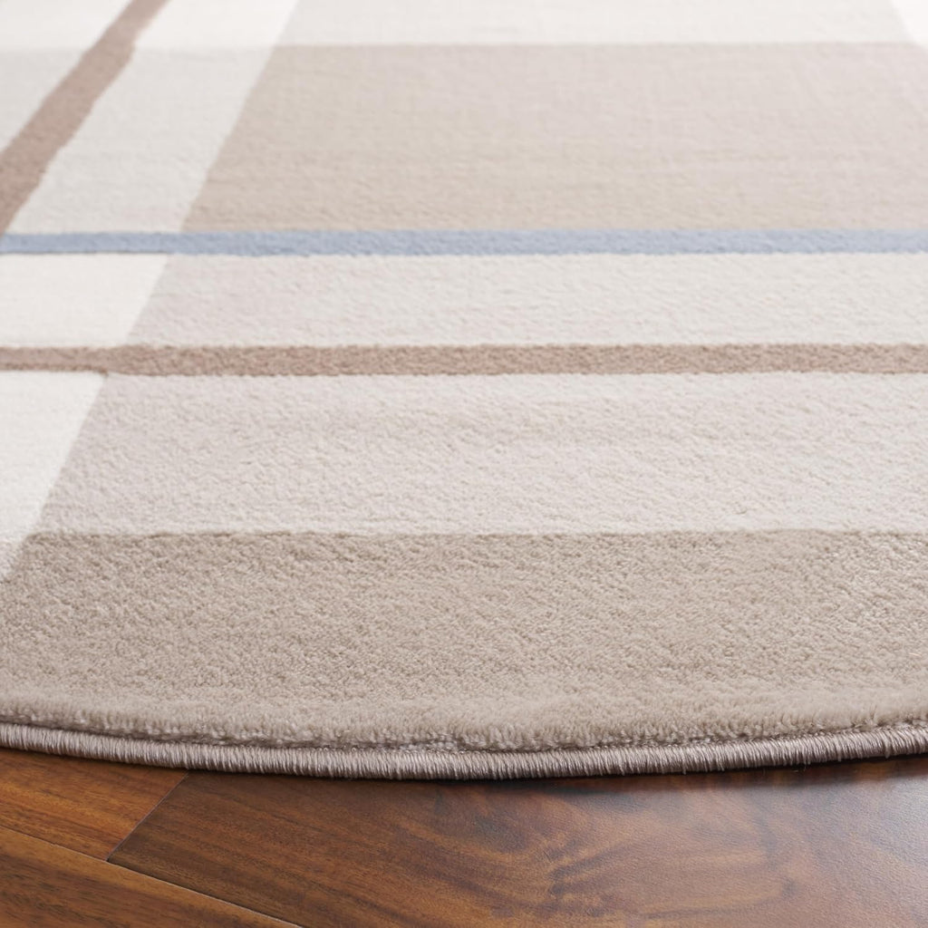 Groove Collection Area Rug - 7' Round, Beige & Light Blue, Plaid Design, Non-Shedding & Easy Care, Ideal for The