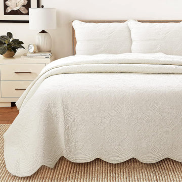 100% Cotton Medallion Off White Matelasse Embossed Bedding Quilt Set, Reversible Lightweight Bedspread, Coverlet for