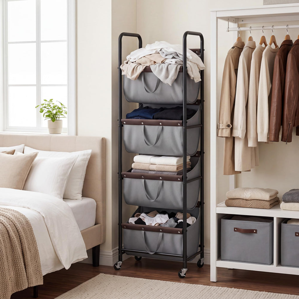 4 Tier Laundry Hamper with Wheels and Removable Bags, Grey