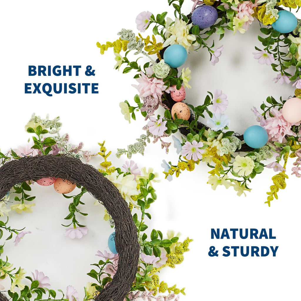 Easter Wreath for Front Door - 18in Spring Flower Wreath with Easter Eggs & Lush Greenery, Artificial Floral Door