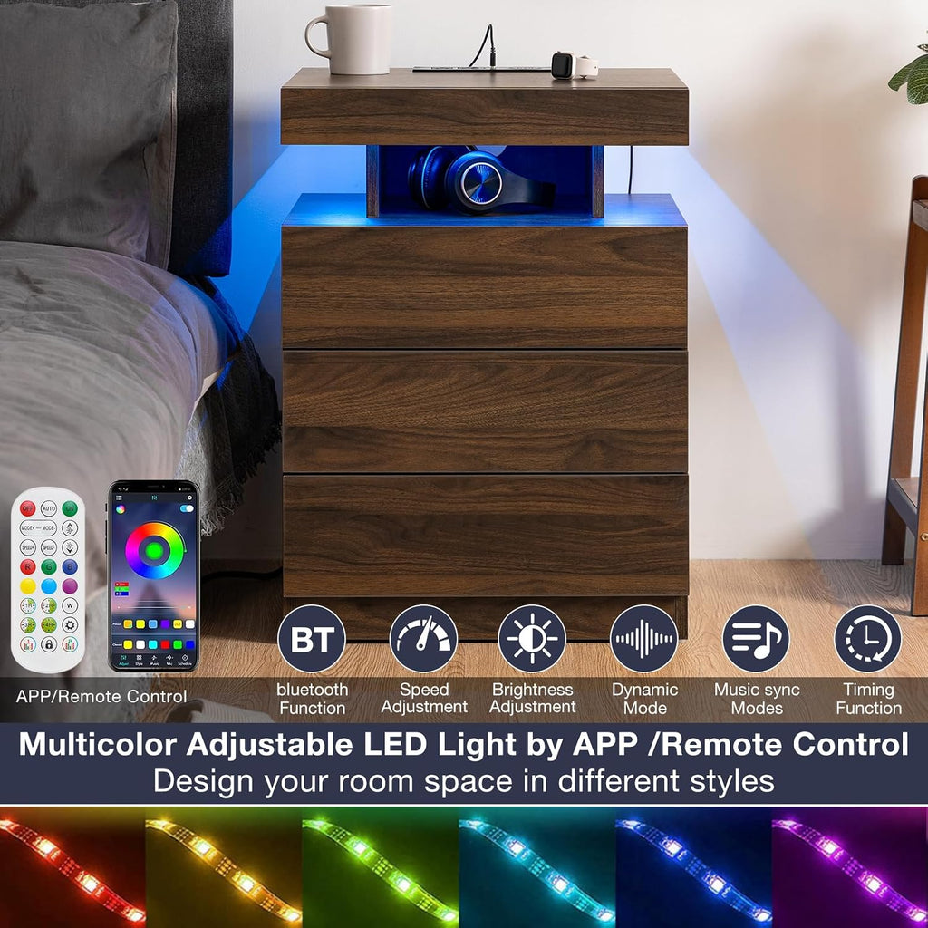 Rustic Brown Nightstand with Wireless Charging Station Walnut Wood LED Bedside Table with 3 Drawers End Table Smart