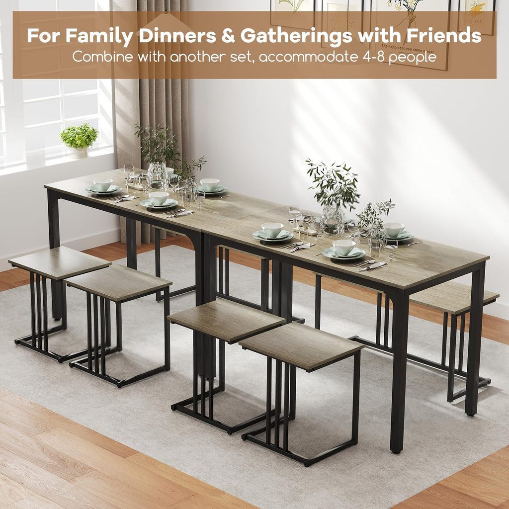 4-Piece Dining Table Set for 4, Rectangular Wood Dining Table with Bench & 2 Stools, Industrial Kitchen Table Set