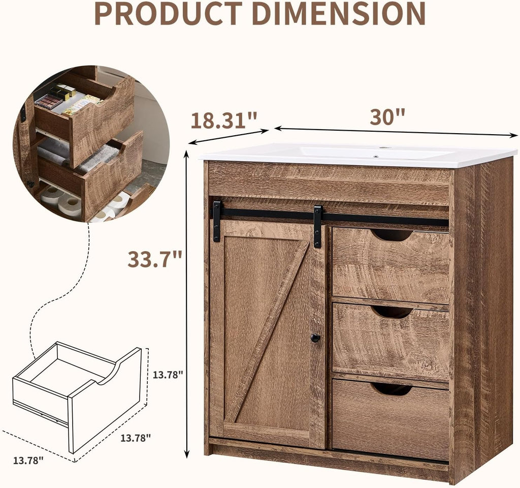 30" Farmhouse Bathroom Vanity with Sink, Freestanding Modern Bathroom Storage Vanity Cabinet w/Sliding Barn Door, 3 Drawers & Adjustable Shelves, Light Brown A133-B0DM28THG8