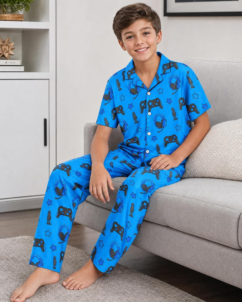 Boys Pajamas Big Boys Pjs Set Short Sleeves and Pants Sleepwear for Kids Button-Down Jammies Loungewear