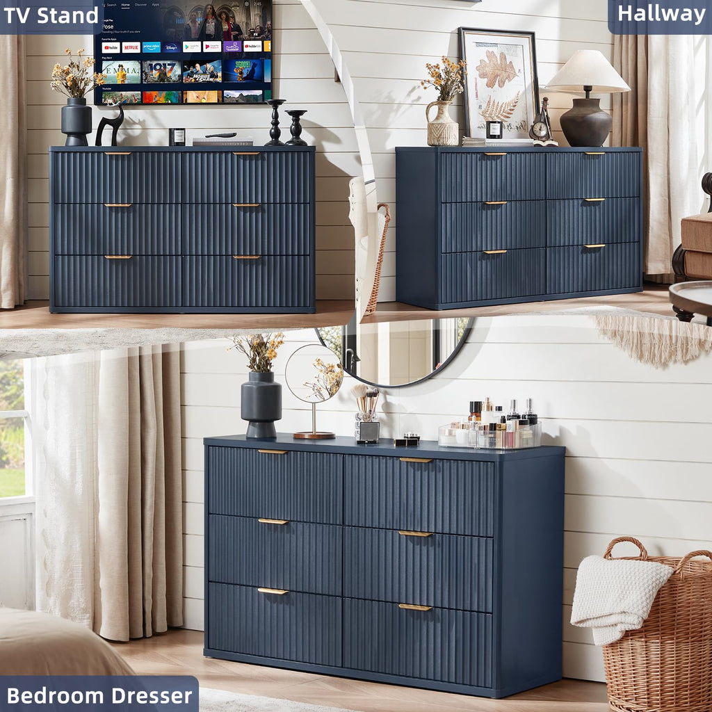 Fluted 6 Drawers Dresser, 48" Wide Modern Chest of Drawers with Wood Grain Top, Curved Profile Design, Dresser TV