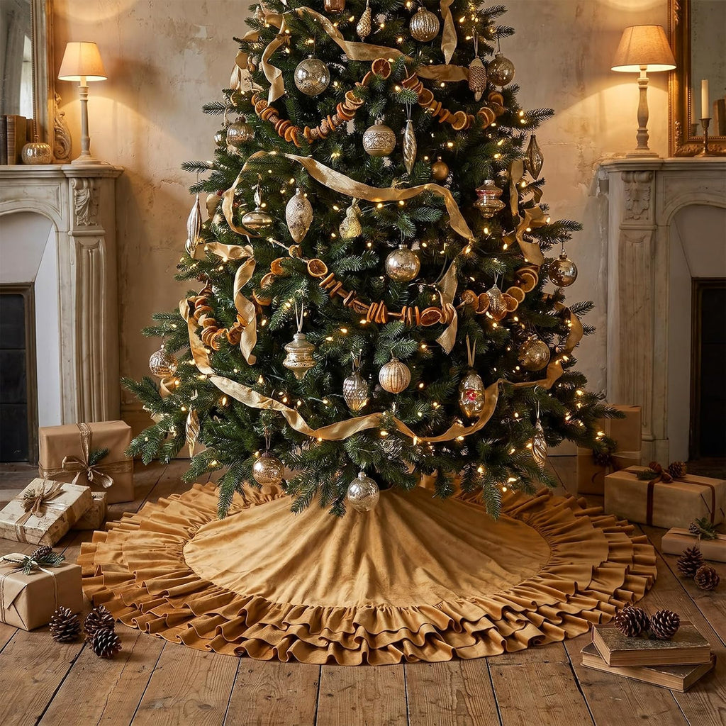48 Inch Gold Velvet Christmas Tree Skirts Ruffled Tree Skirt